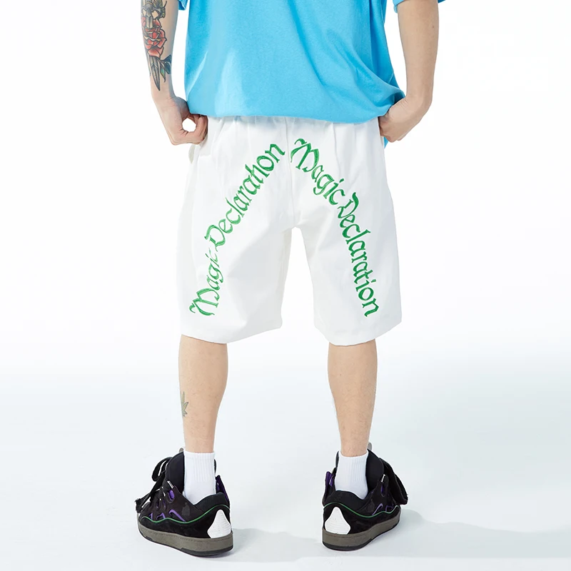 

Letter Embroidery Drawstring Casual Summer Shorts Black White Elastic Waist Retro Couple Five Point Pants Loose Hip Hop Shorts