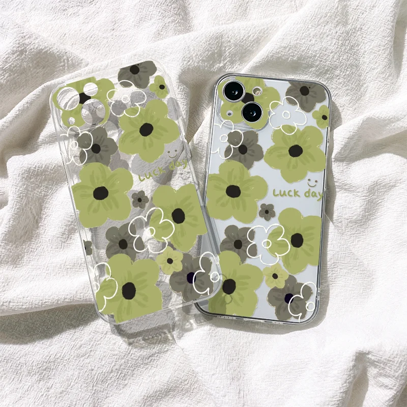 

Green Floral Case for IPhone 14 Pro Plus 11 13 12 Mini Transparent Shockproof Soft Silicone Cover for IPhone 11Pro Max Capinha