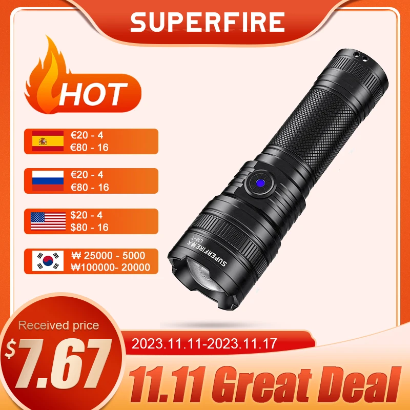 

SUPERFIRE Powerful LED Flashlight Tail USB Rechargeable Zoomable Waterproof Torch Portable Light 5 Lighting Mode 26650 Battery