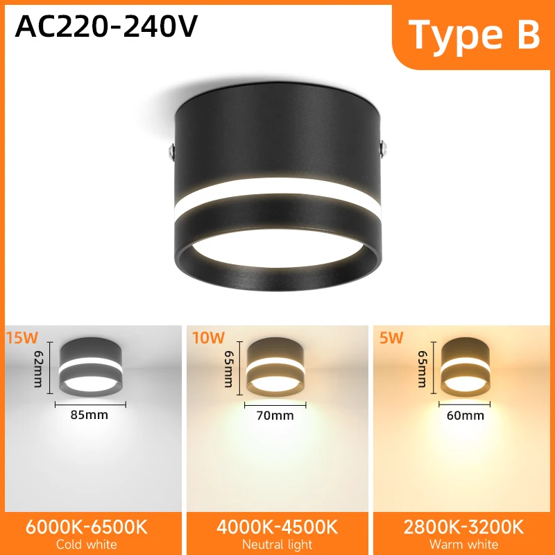 

Точечный светодиодный потолочный светильник 220 В, светодиодный прожектор поверхностного монтажа, потолочный светильник 5/10/15/25 Вт для спальни, ванной комнаты, гостиной, магазина, потолочный светильник