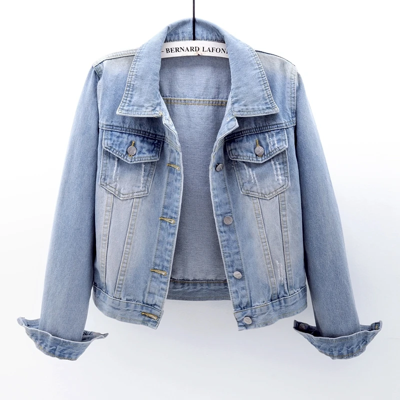 

Vintage Blue Denim Jacket Coat Women Autumn Korean Slim Short Cowboy Outerwear Frayed Pocket Long Sleeve Jeans Jackets Female