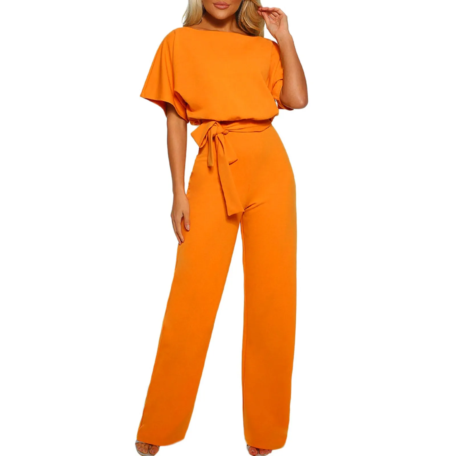 

Jumpsuit Lace Up High Waist Elegant Women Solid Color Straight Leg Romper Fashion Short-sleeved Round Neck Jumpsuit for Dating