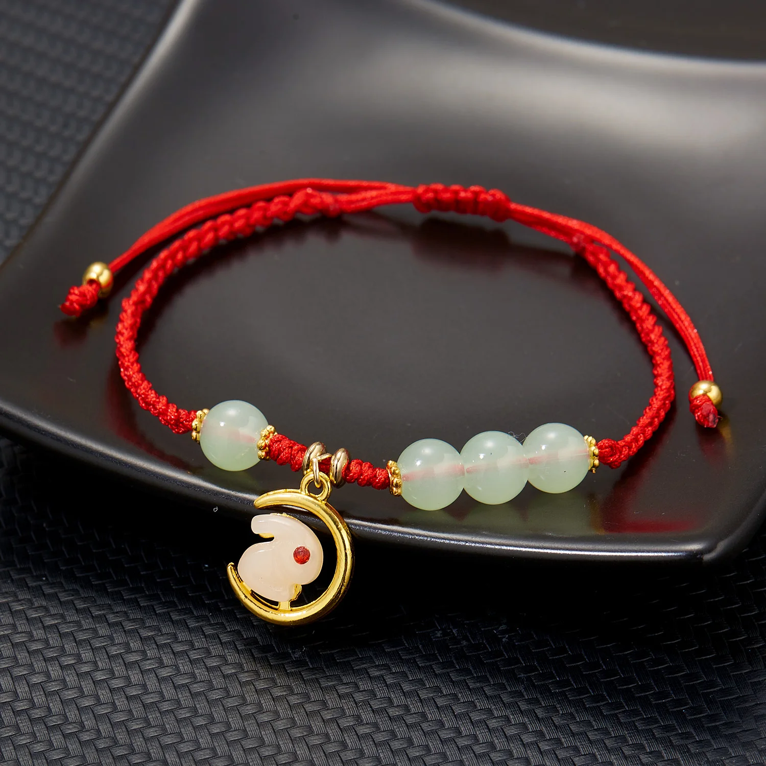 

New Year Lucky Zodiac Jade Rabbit Bracelet For Women Handmade Red Black Rope Beaded Charm Bracelets Birthday Friends Luck Gifts