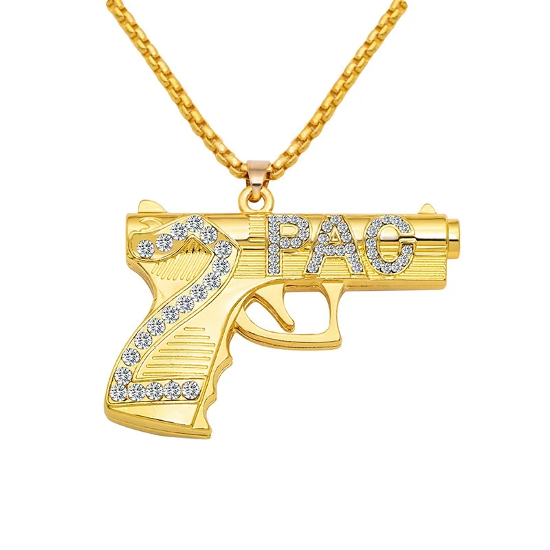

Fashion Pistol Uzi Gun Pendant Necklace Ladies Men's Hip Hop Jewelry Steampunk Shiny Rhinestone Gold color Long Chain Necklace
