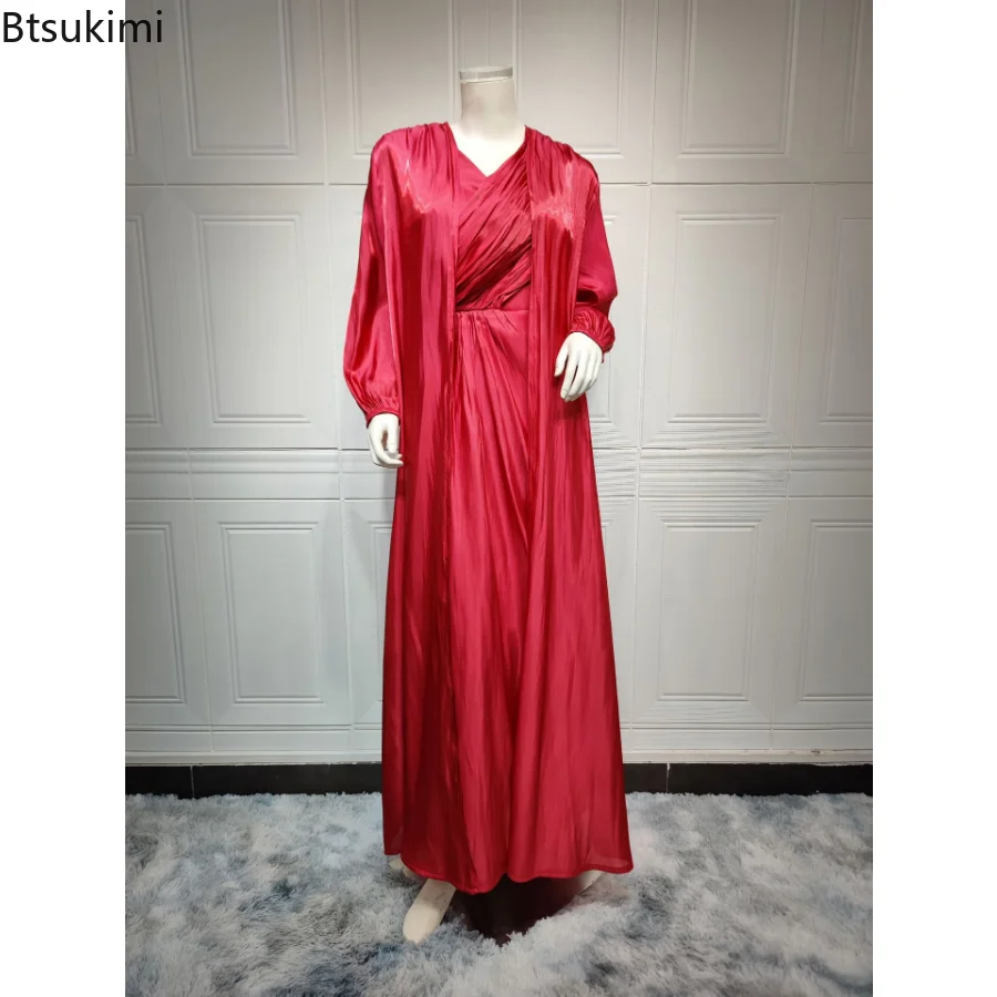 Women 2 Piece Set Silky Satin Abaya Dubai Muslim Dresses Morocco Party Dress Eid Caftan Evening Long Robe Vestidos Abayas Robe