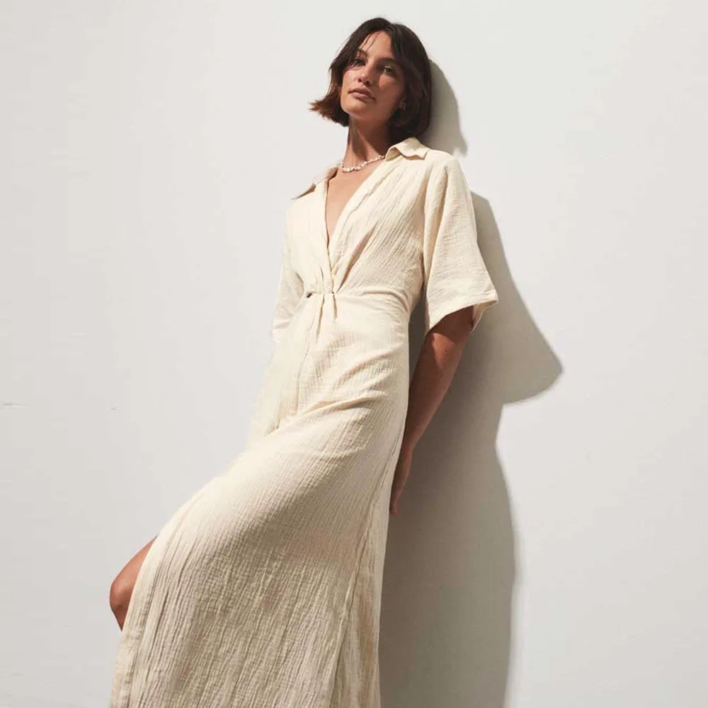 

Женская одежда, Новое поступление 2023, дизайнерская одежда, женское Роскошное однотонное платье с узлом, свободным воротником-рубашкой и пуговицами, рукавом 3/4