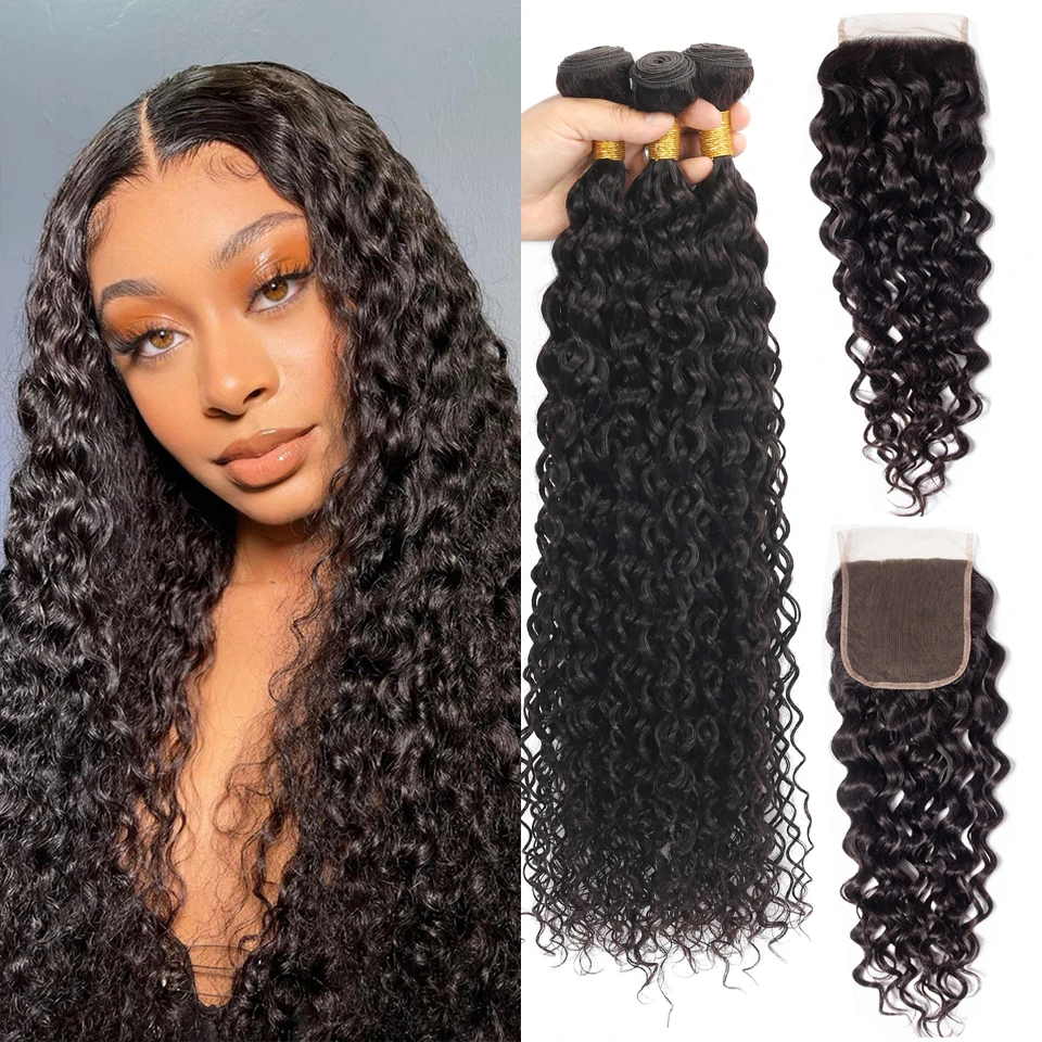 

Brazilian Water Wave Bundles With Closure Wet and Wavy Curly Human Hair Bundles With 4x4 Lace Closure Remy Hair Weave Extensions