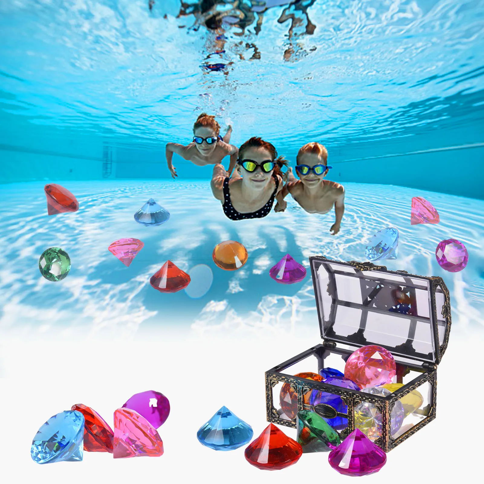 

10 Pcs Diving Gem Toy For Pools Colorful Diamonds Set With Treasure Pirate Box Diving Games Summer Underwater Swimming Toy Set