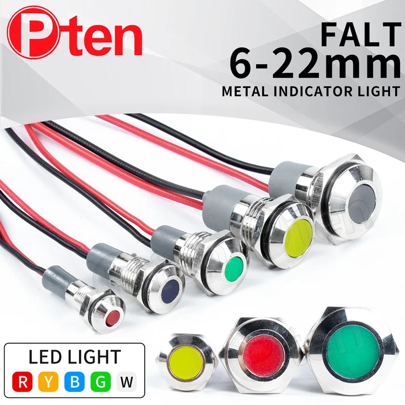 

1PCS 6/8/10/12/16/19/22mm Flat Metal LED Warning Indicator Light Signal Lamp Pilot Wire 3-6 12-24 220V Power Waterproof IP65