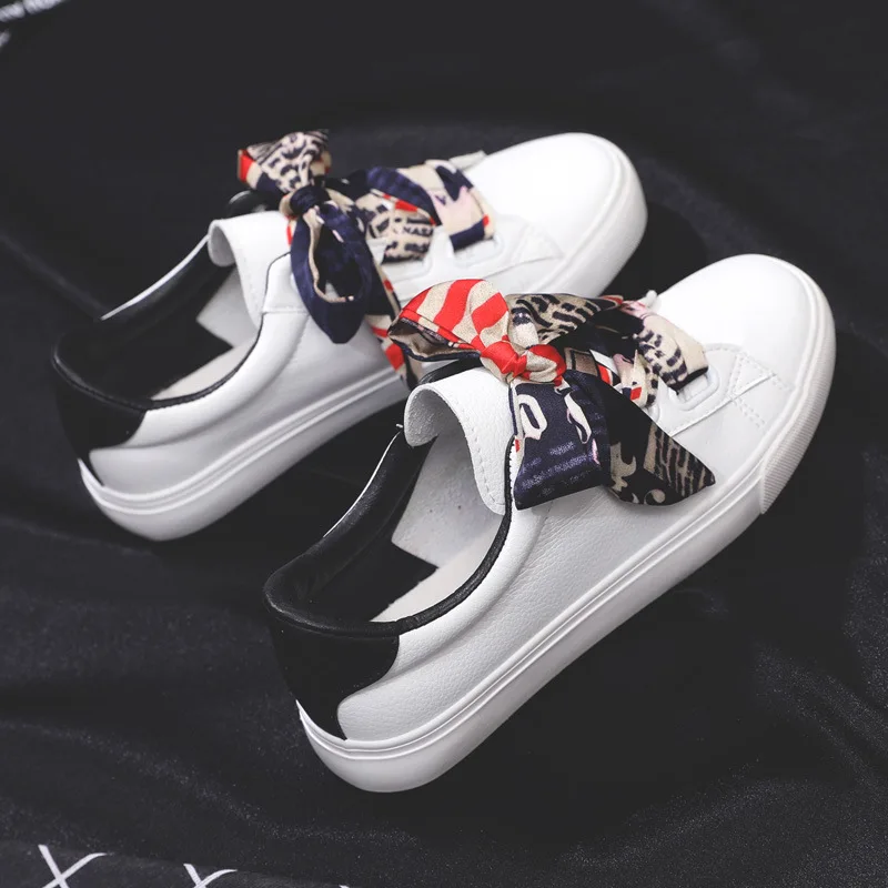 YeddaMavis Red Girl Sneakers New Fashion Silk Ribbon PU Leather Waterproof Flat Skate Lace Up Casual Shoes Women Vulcanize Shoes