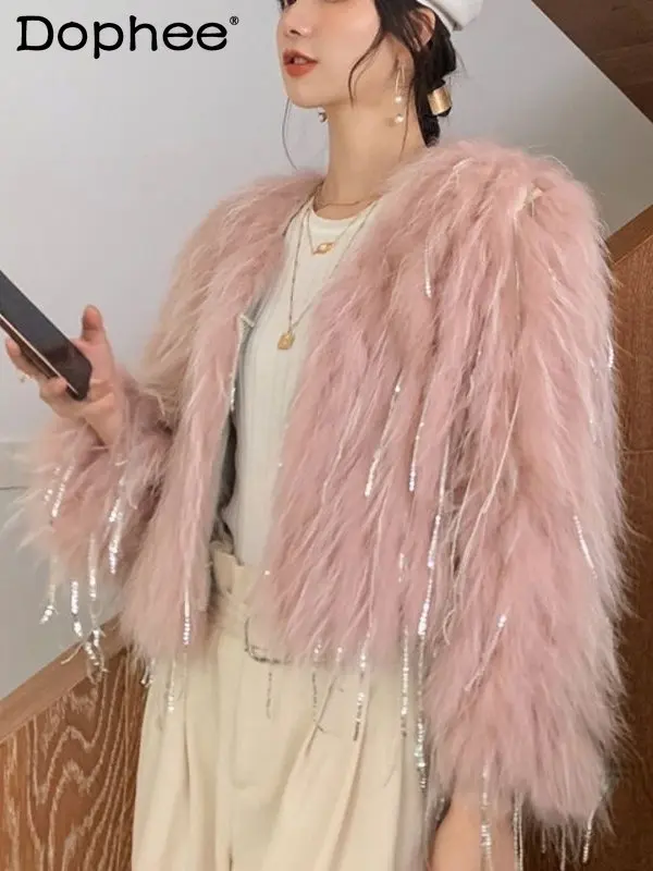 2022 Autumn and Winter New Imitation Fox Fur Coat Women Fashion Sequined Tassel Short Pink Fur Jackets Party Overcoats