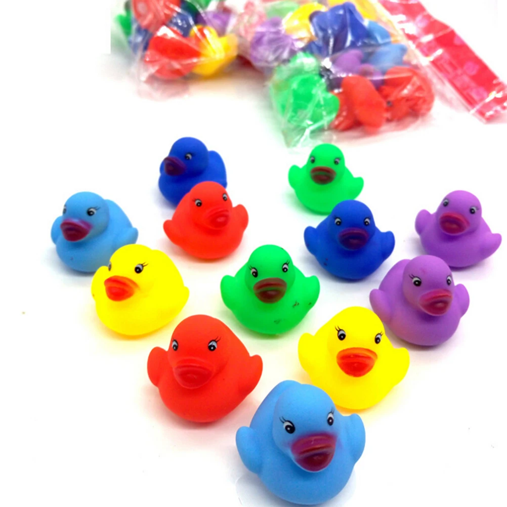 24pcs/lot Kawaii Mini Colorful Rubber Float Squeaky Sound Duck Bath Toy Baby Bathroom Water Pool Funny Toys for Girls Boys Gifts