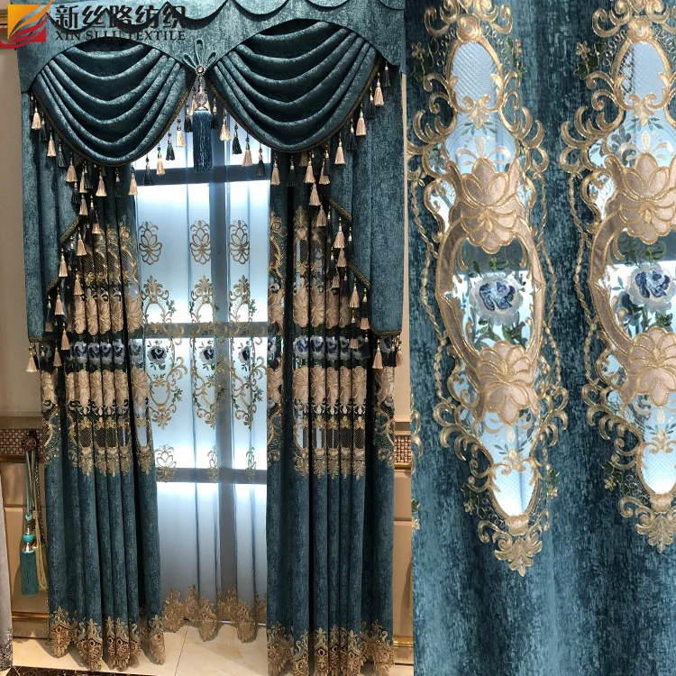 

American silver imitation cashmere curtain fabric water-soluble hollow out embroidered curtain for living room and villa