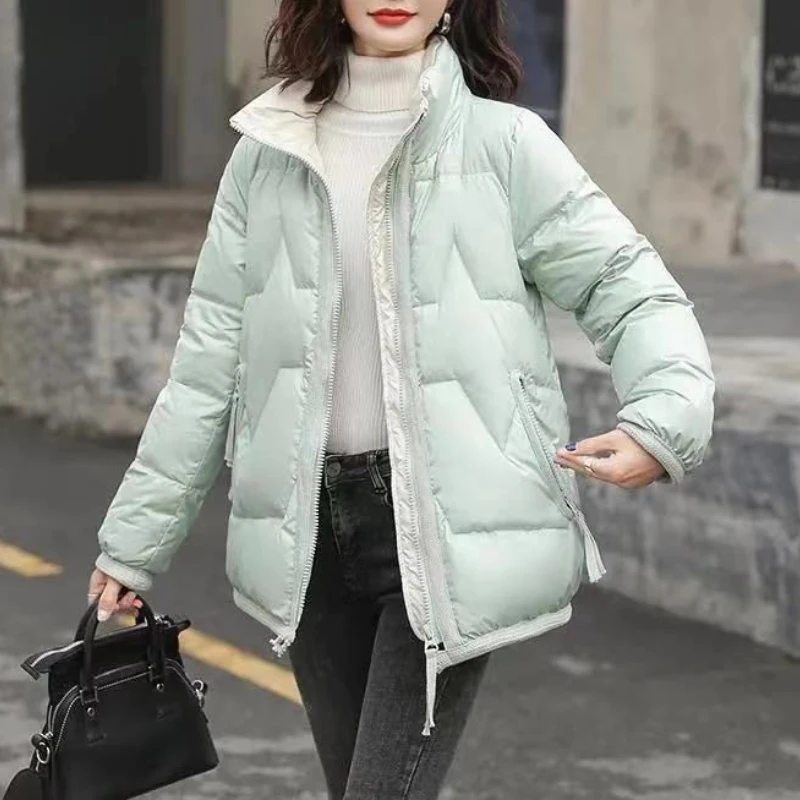 Pockets To Keep Warm Women's Short Style Plus Velvet Thick Women's Trend Korean Loose Stand-up Collar Coat Shiny Cotton Down