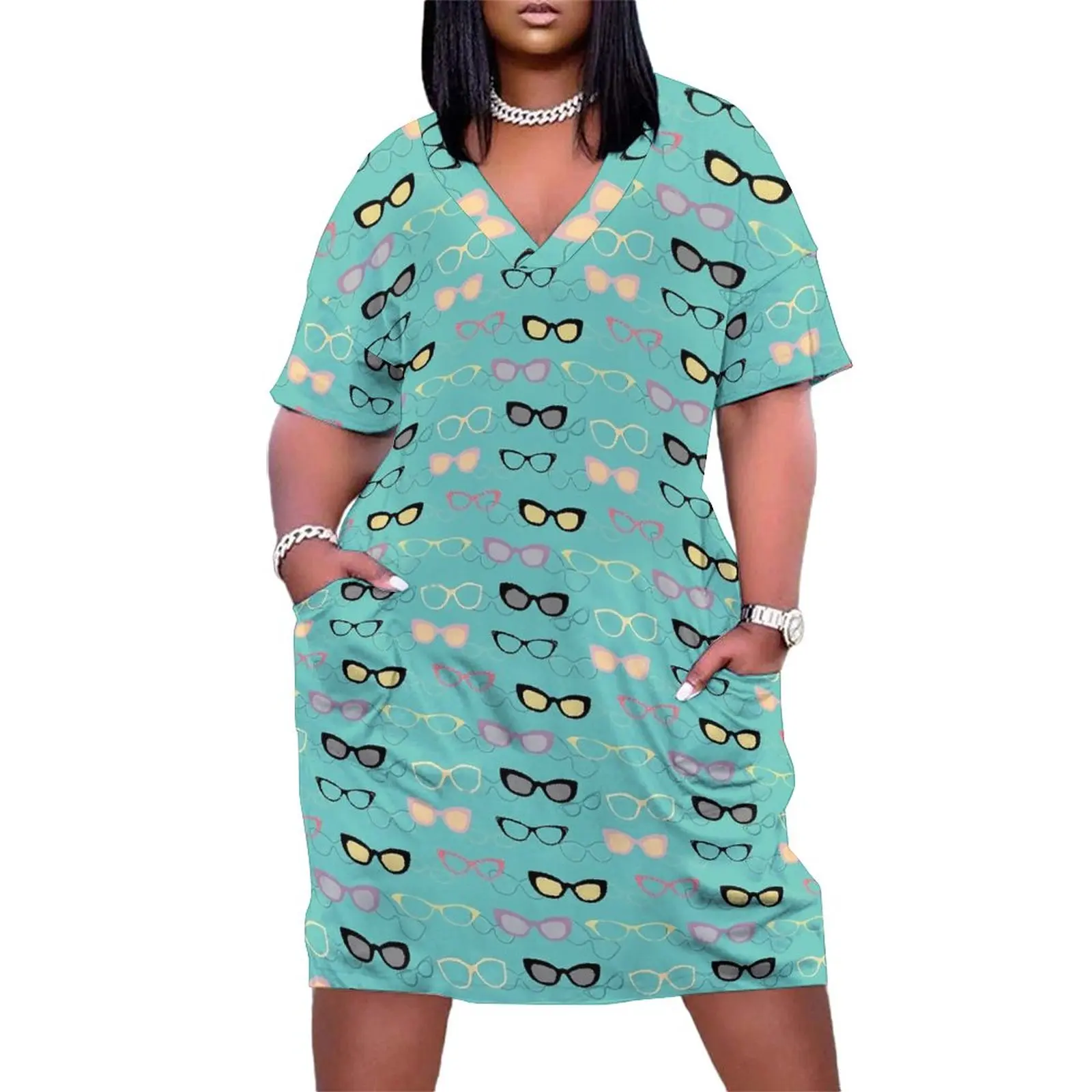 

Glasses Print Dress V Neck 1950s Specs Korean Fashion Dresses Holiday Pretty Casual Dress Woman Design Plus Size Vestidos