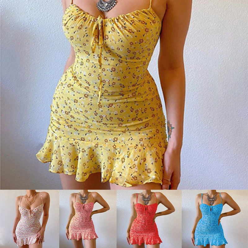 damska seksowna letnia sukienka bez rękawów Modna krótka spódniczka na co dzień z kwiatowym nadrukiem i wstążkami Elastycznoś...