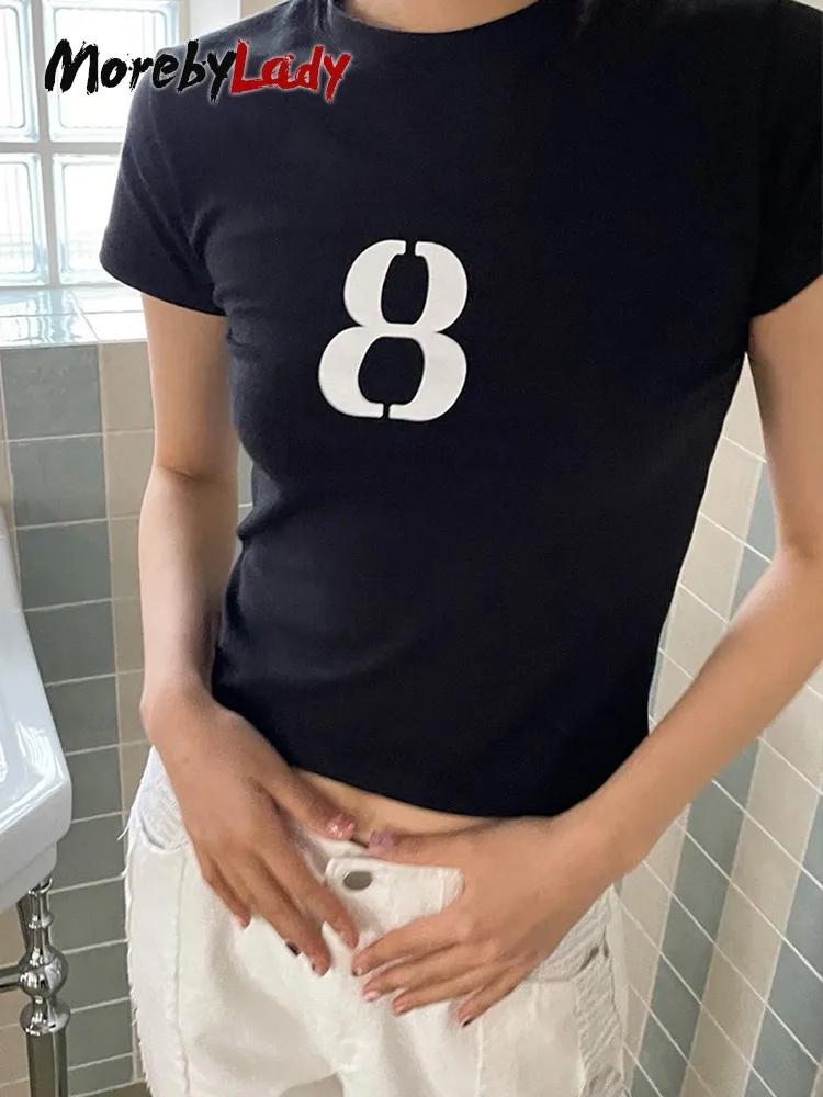 

Летняя футболка Morebylady, женская уличная одежда с коротким рукавом, черные футболки с графическим рисунком, укороченные топы в Корейском стил...