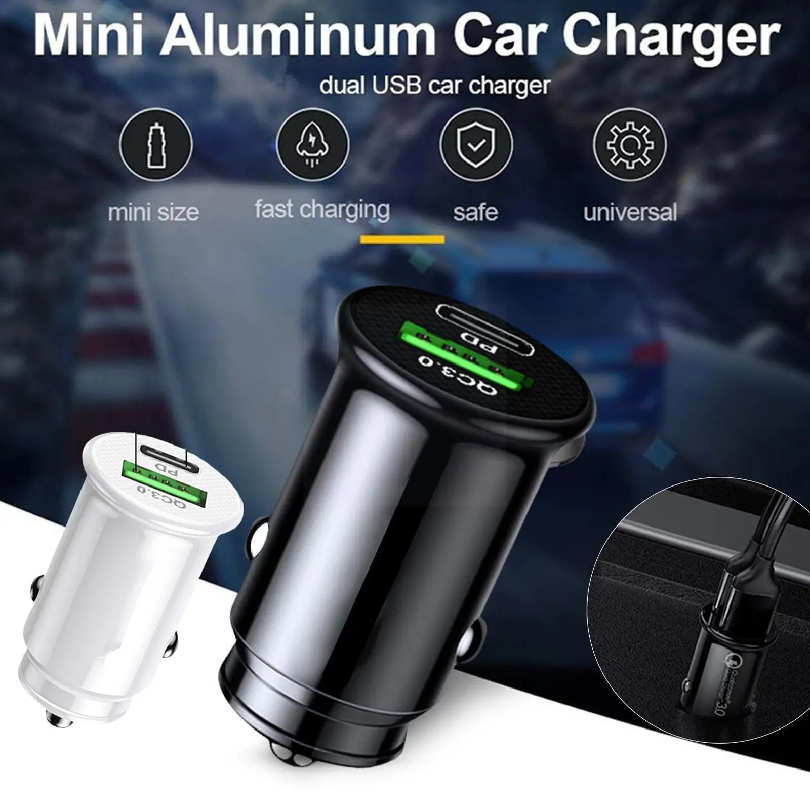 USB Car Charger Quick Charge 48W QC 3.0 PD 20W Super Fast Charging Dual USB Smart Interface For Smart Phone Car Charger V9E7
