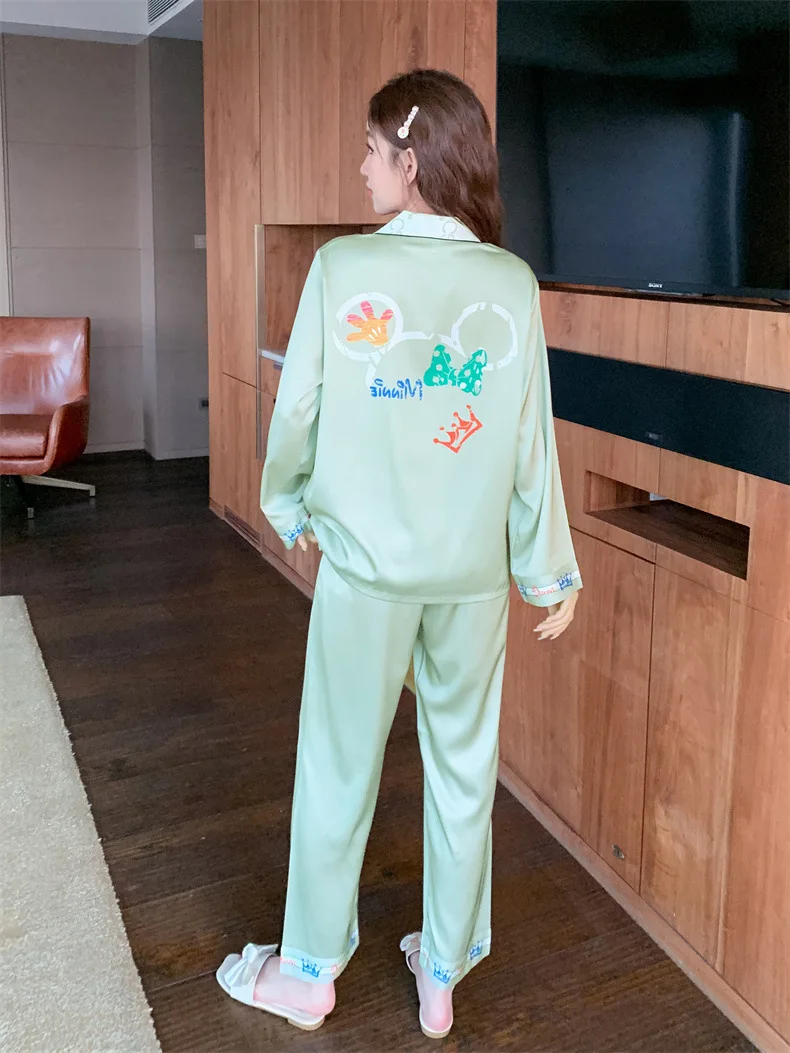 Ice silk pajamas women's autumn long-sleeved trousers thin two-piece suit  bộ đồ ngủ mùa hè nữ  pajamas for women