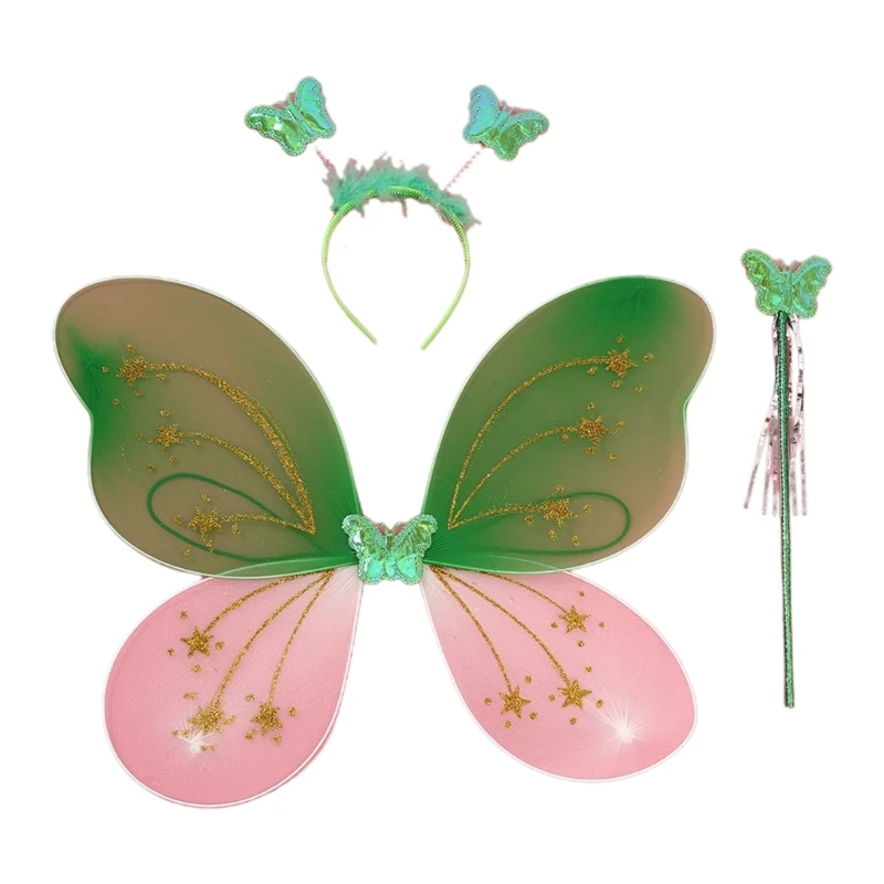 

3 Pcs Kid Fairy Costume Set Wings Fairy Angel Wings with Headband Wand Princess Wings Halloween-Cosplay-Wings