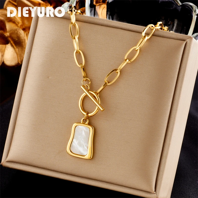 

DIEYURO 316L Stainless Steel Geometric Trapezoidal Pearl Oyster Pendant Necklace For Women New OT Buckle Chains Jewelry Gifts