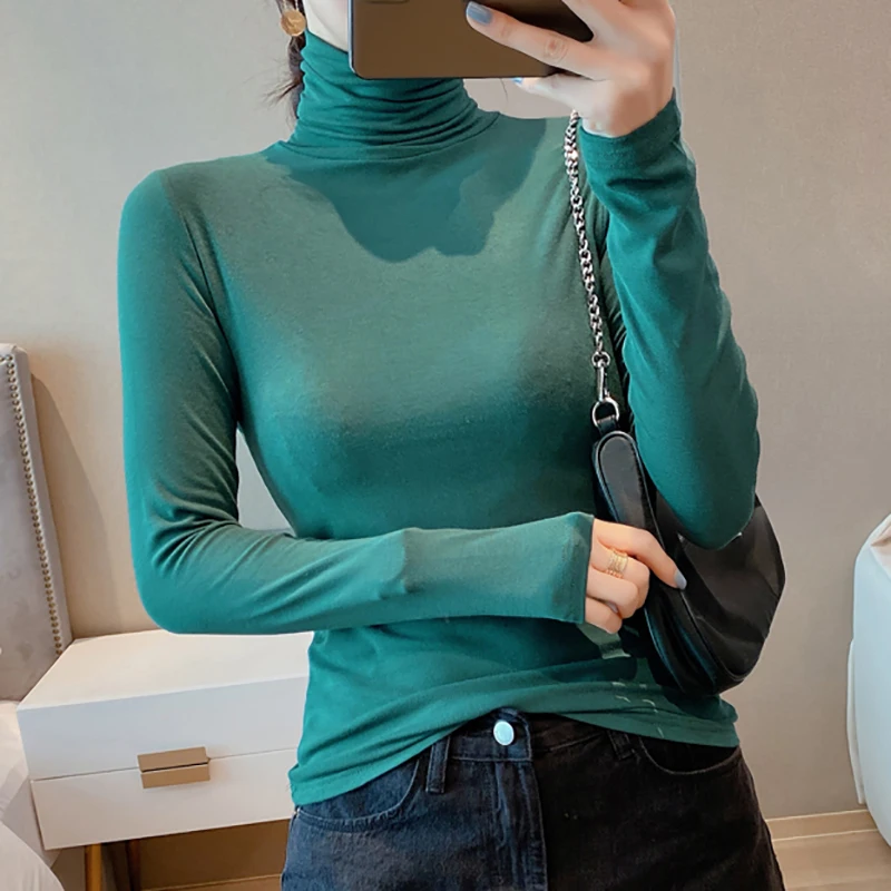 

Autumn New Fashion Korean Women Tops Long Sleeve Turtleneck Casual Tees T-Shirts Femme Solid Basic All-Match Slim T Shirt Female