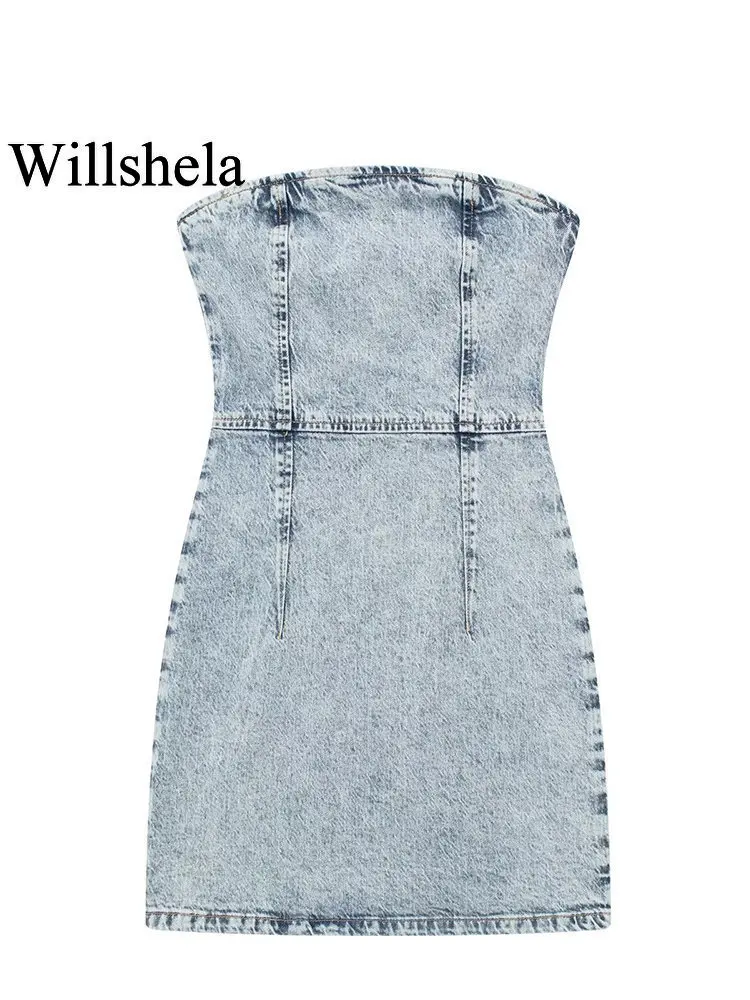 

Женское джинсовое светильник Willshela, синее винтажное мини-платье на молнии, без бретелек, с вырезом лодочкой