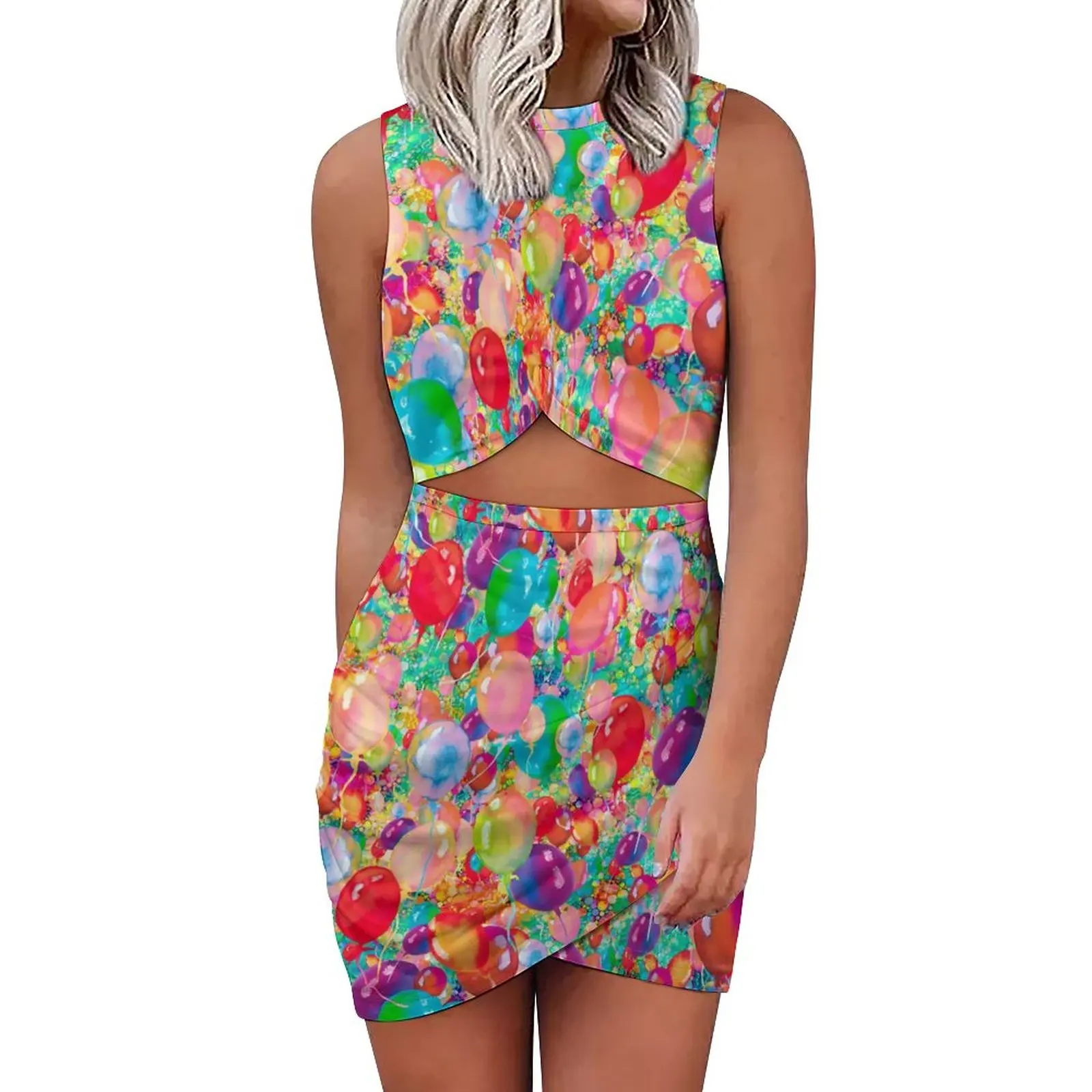 

Sweet Balloon Bodycon Dress Female Colorful Print Sexy Dresses Summer Hollow Out Streetwear Custom Dress Large Size