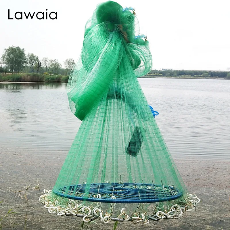 

Рыболовная сеть Lawaia ручной работы, Зеленая Леска, кастинговая сеть со стальным кулоном, нейлоновая, для ловли рыбы, несколько размеров