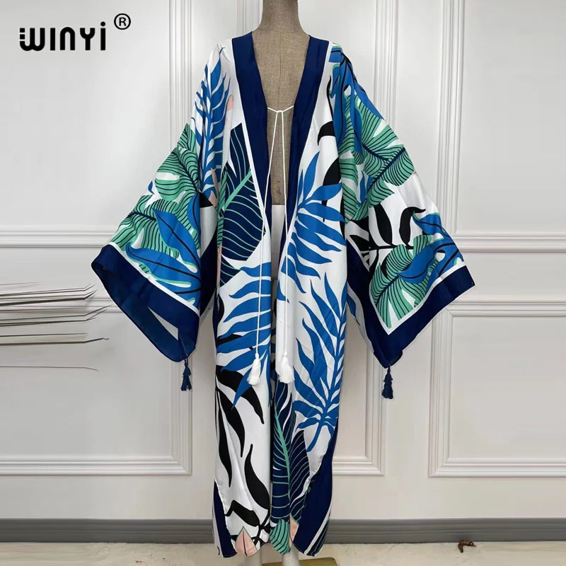 

2023 WINYI new Cotton Bikini Sweet Lady Pink Boho Print Self Belted Front Open Long Kimono Dress Beach Tunic Women Wrap Dresses