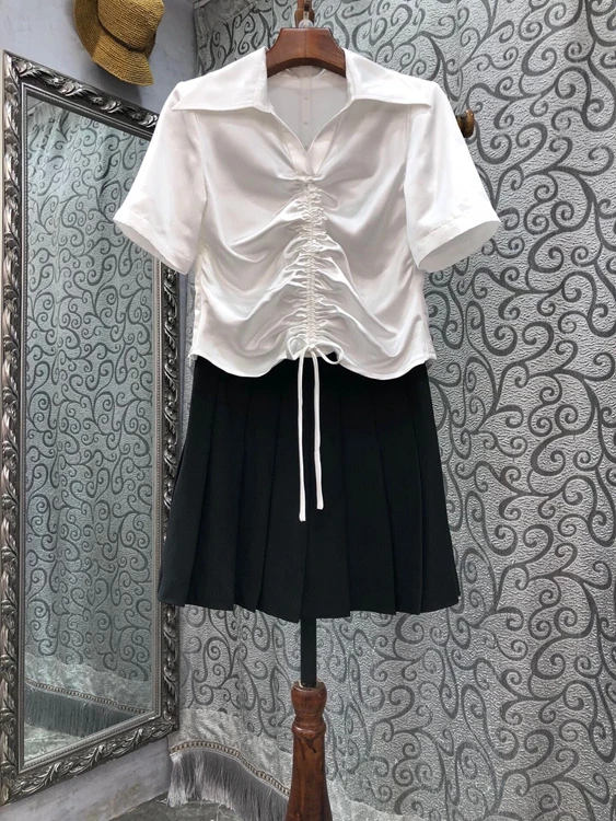 

2022 new women fashion set pleated drawstring crop top + pleated skirt short skirt 2-piece set 714