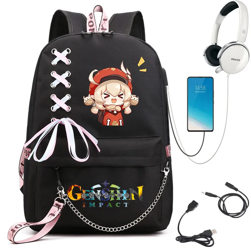 

Genshin Impact USB Bag Black Cartoon Print Backpack Youth Student School Bag Children Backpack Casual Backpack Boys Girls Bag