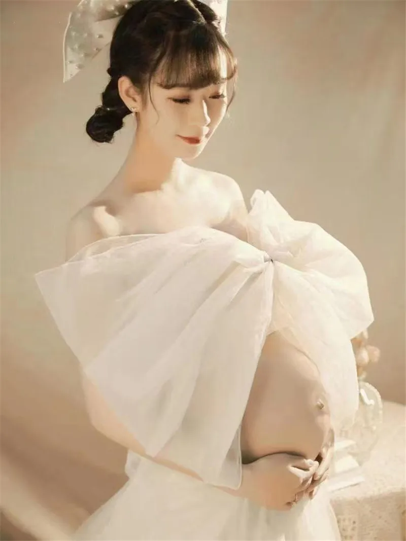 Headband Studio Shooting Photo Props Women Photography Props White Elegant Bow-knot Maternity Dresses Pregnancy Dress