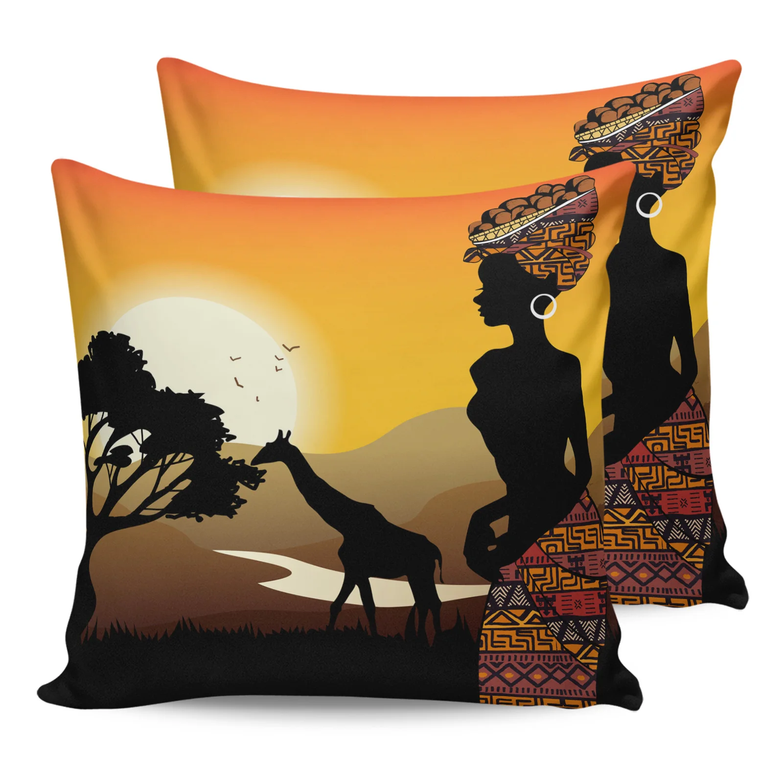 

2PCS Pillowcases African Woman Giraffe Silhouettes Cushion Cover Home Bedding Living Room Decorative Couch Throw Pillow Case