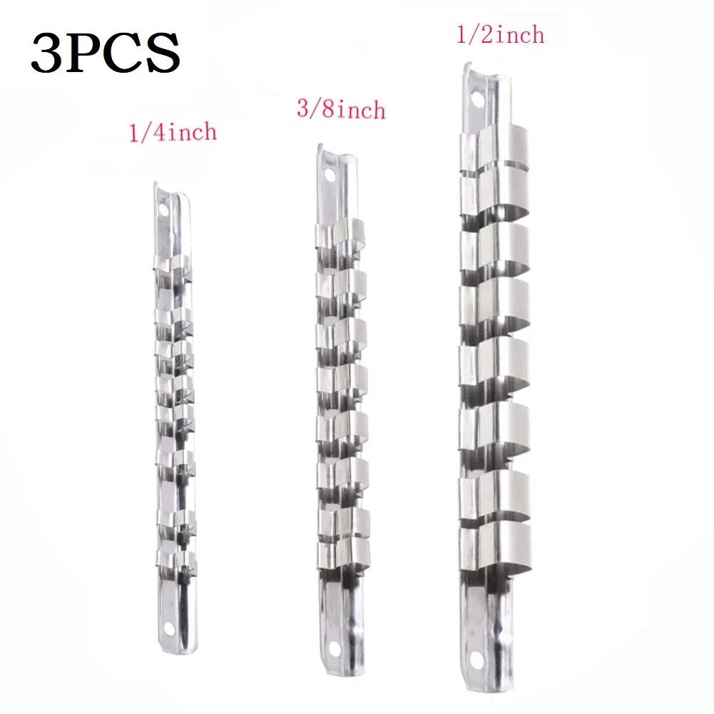

3PCS Socket Rack Holder 1/4\\\" 3/8\\\" 1/2\\\" With 8 Clips On Rail Tool Stainless Steel Sleeve Rail Socket Storage Rack
