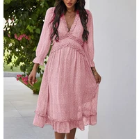pink fashion floral print ruffles dress women casual vintage boho v neck high wasit long sleeve dress 2021 new summer vestidos