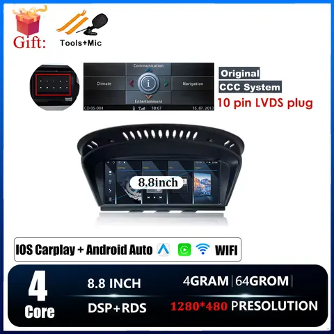 8,8-дюймовый беспроводной CarPlay Android 15 для BMW 5/3 серии E60 E61 E62 E63 E90 E91 E92 E93 CCC/CIC Система автомобиля Мультимедиа GPS WIFI