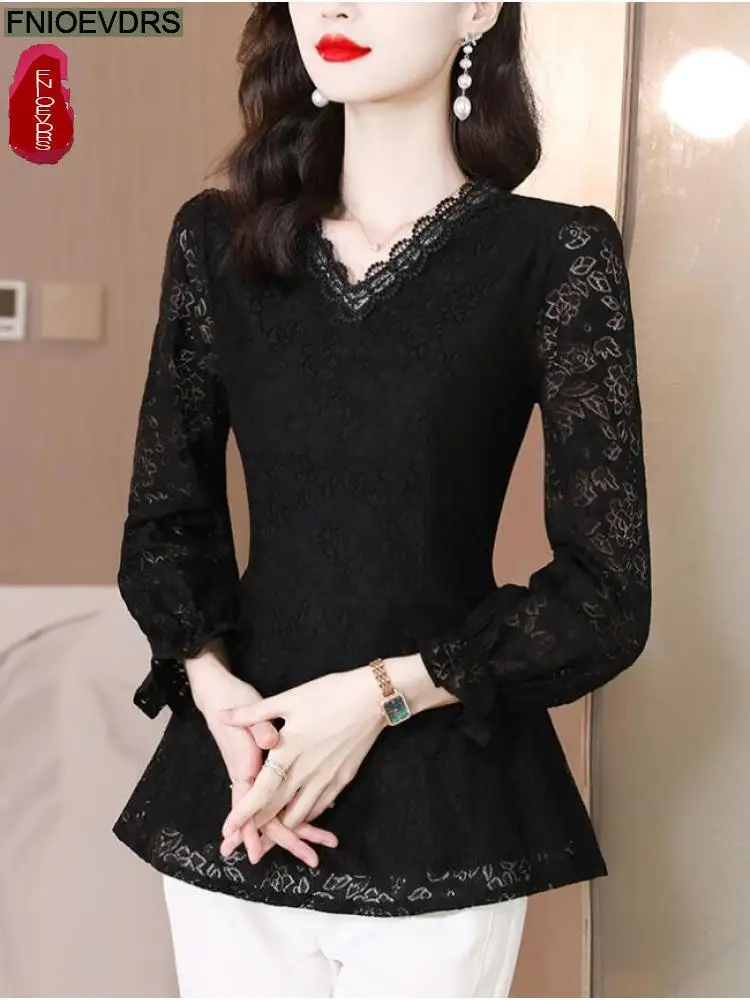 

Hot Sales Hollow Out Lace Feminine Women 2022 Autumn Fashion Elegant Lady Belly Design Vintage Purple Black Lace Tops Blouses