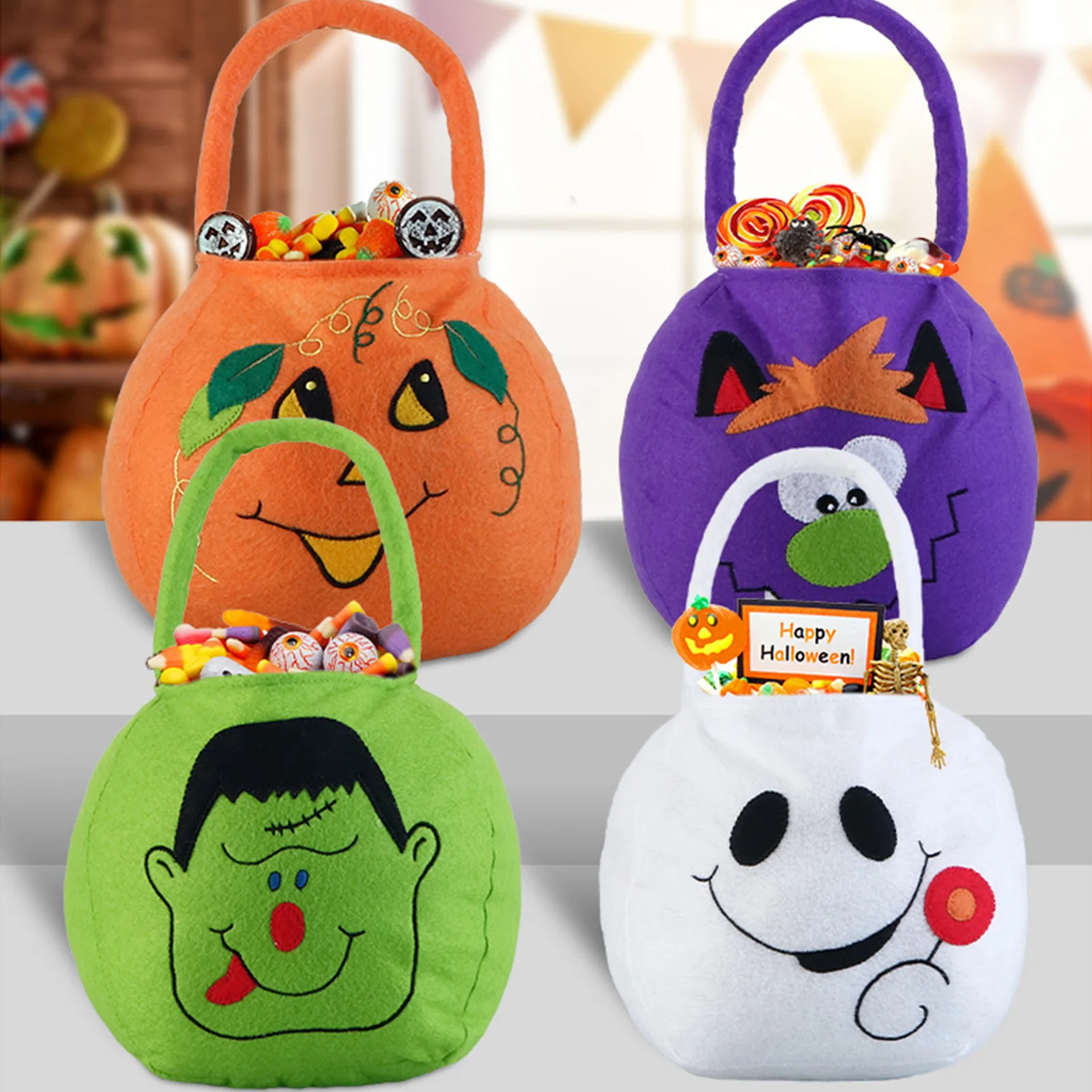 

Halloween Cloth Candy Bag Reusable Candy Bucket Halloween Pumpkin Ghost Trick or Treat Tote Bag with Handles for Party Supplies