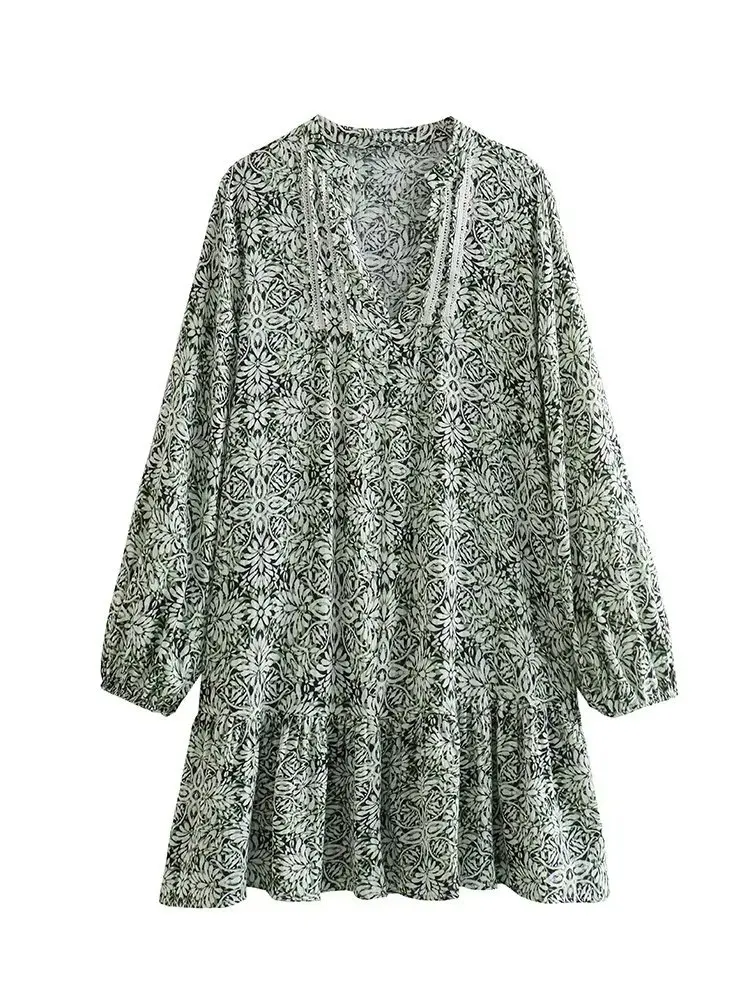 

TRAF Women Vintage V Neck Flower Print Hem Pleat Ruffles Mini Shirt Dress Female Chic Lace Stitching Kimono Vestidos