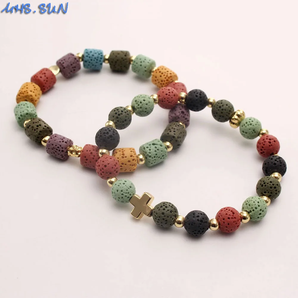 

MHS.SUN Colorful Round Volcanics Lave Stone Bracelets Vintage Bohemia Style Women Girls Natural Stone Bracelet