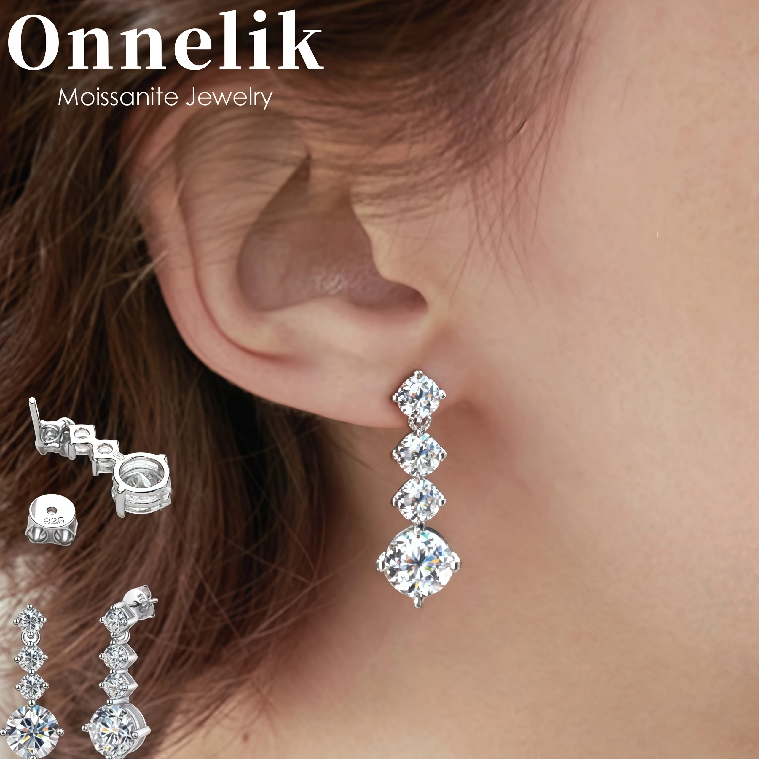 Фото Серьги-подвески Onnelik из стерлингового серебра 925 пробы с уникальным роскошным муассанитом 2,6 карата, элегантные, в стиле легкой роскоши, для женщин №1