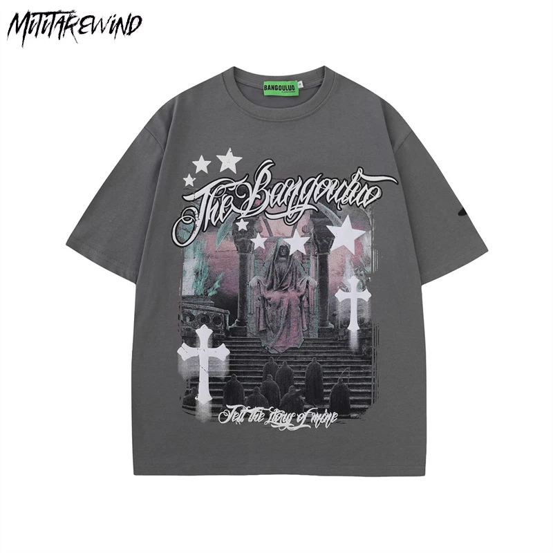 

Мужская футболка с принтом Креста дьявола, Повседневная Свободная футболка с графическим принтом, с коротким рукавом, уличная одежда, лето ...