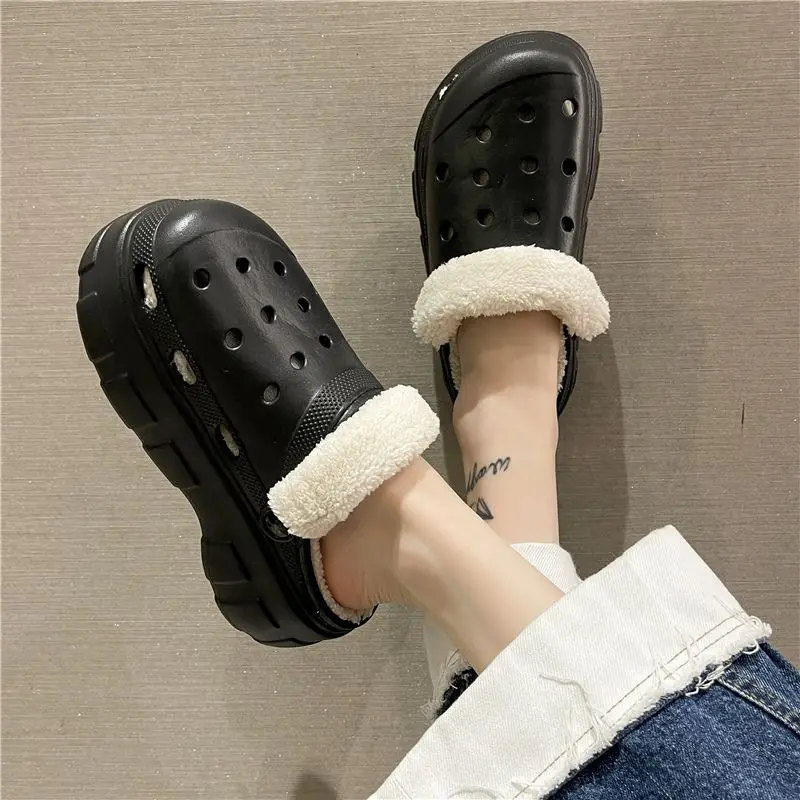 

Winter Shoes For Women Outdoor Warm Slippers White Platform Fur 2023 Thick EVA Bottom Plush Slippers Women Half Slippers