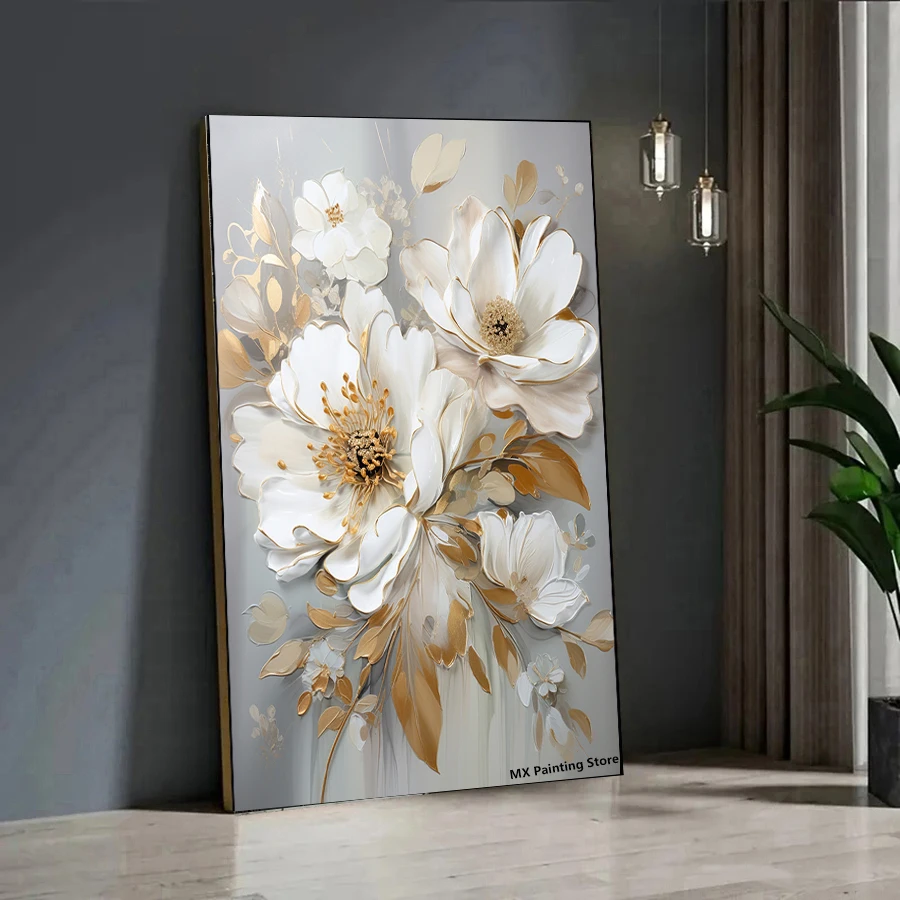 Абстрактная картина на холсте с белым цветком и сусальным золотом цветочные