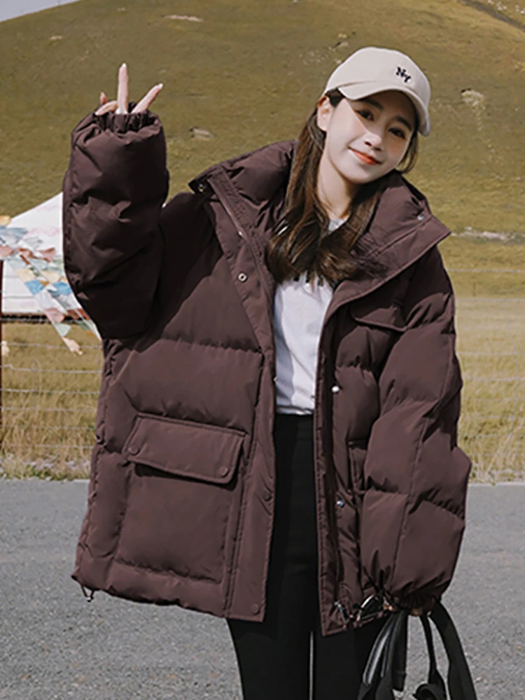 Autumn Winter Thicken Warm Medium Long Chic Parka Women Casual Sweety Solid Color Big Pocket Loose Hooded Coat Jackets Outwear