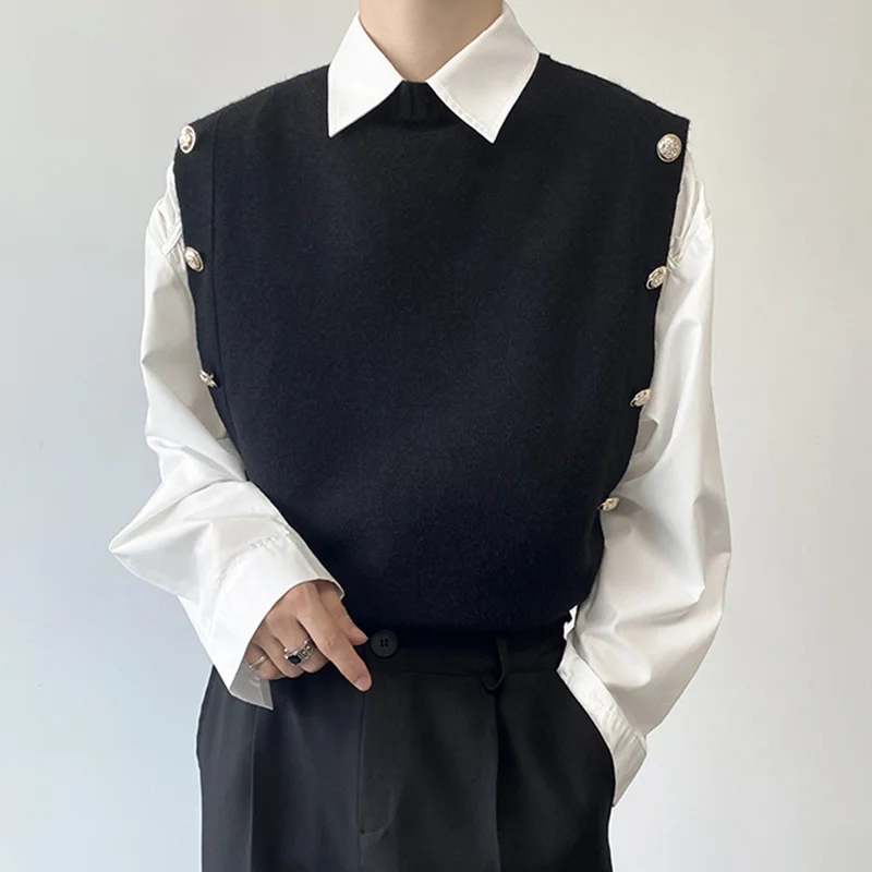 

Style Preppy Menswear Fashion Chic Button Spliced Knitting Pullovers Men's New Round Neck Sweater Vest Autumn Winter 2023