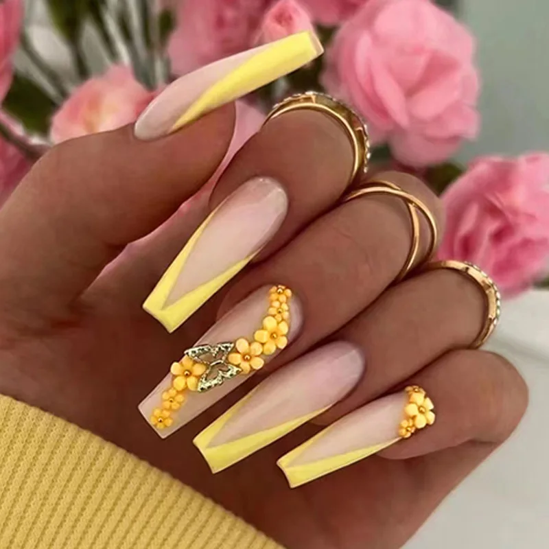 

Wearable Nails Tips Milk Yellow Flower High-End Hollow Butterfly Waterproof Fake Nails Set Press On Nails DIY Manicure Tool