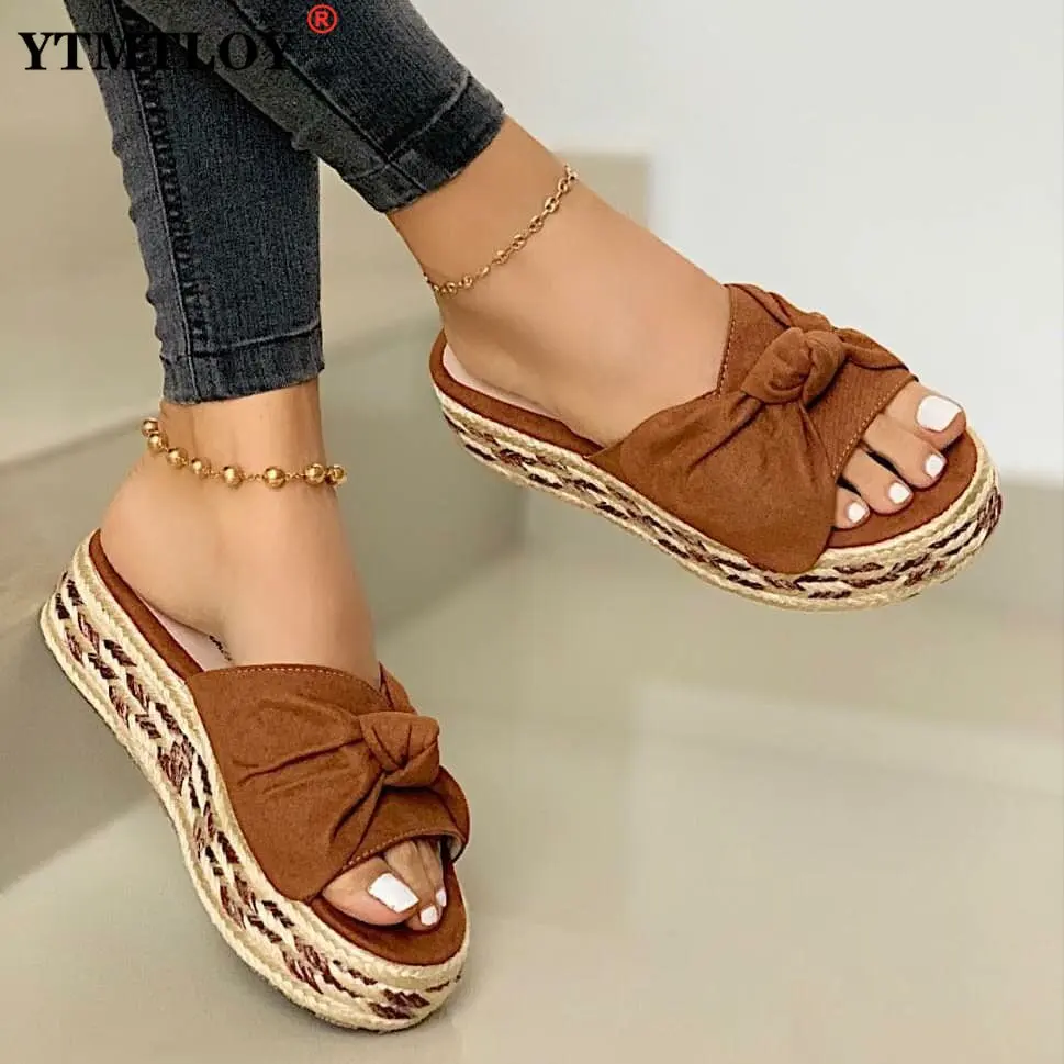 

New Women Slippers Casual Solid Color Bowknot Platform Flat Shoes Fashion Braided Straps Outdoor Walking Sandals Zapatilla Mujer