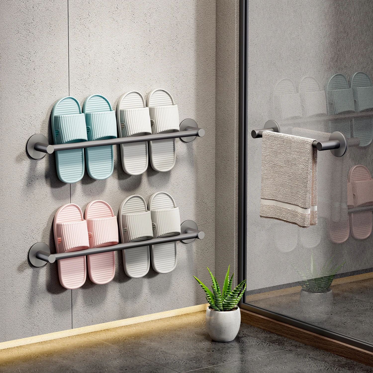 Colgador de zapatillas montado en la pared sin taladro, soporte para zapatos de baño, toallero de aluminio, estantes organizadores, accesorios de baño